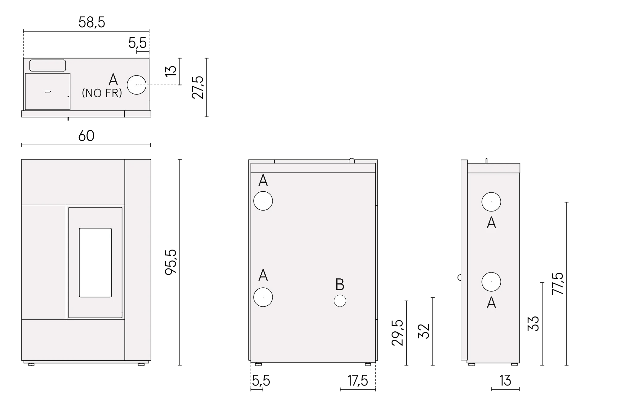 Rysunek techniczny z wymiarami pieca Cadel Spirit 5